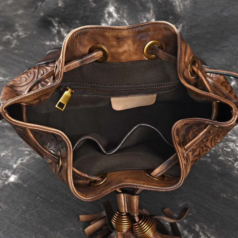 Womens Brown Leather Crossbody Bucket Bag Western Purse With Fringe for Women