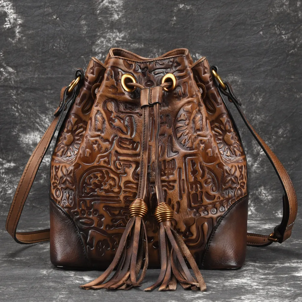 Womens Brown Leather Crossbody Bucket Bag Western Purse With Fringe for Women