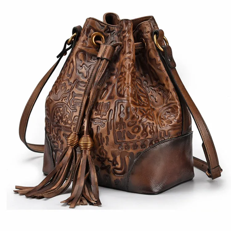 Womens Brown Leather Crossbody Bucket Bag Western Purse With Fringe for Women