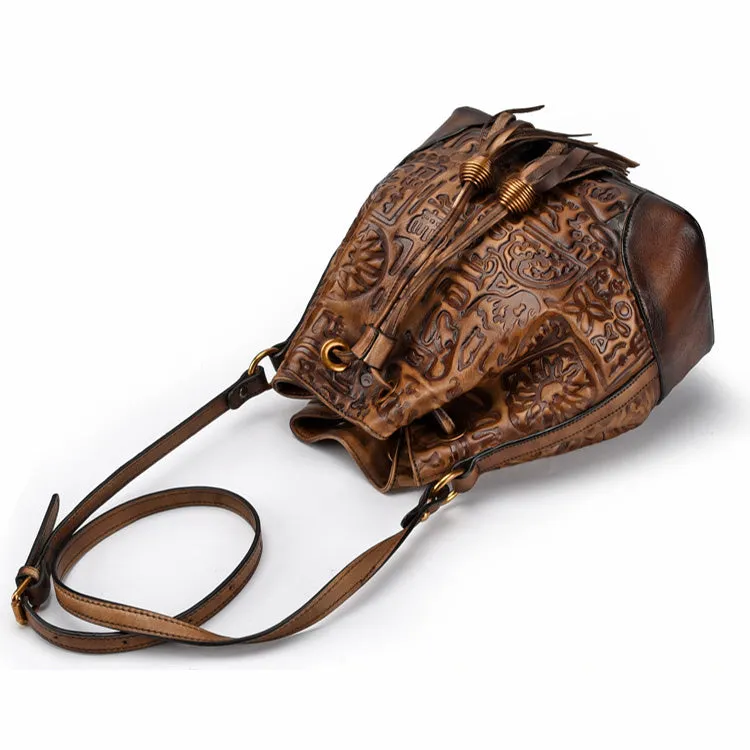 Womens Brown Leather Crossbody Bucket Bag Western Purse With Fringe for Women
