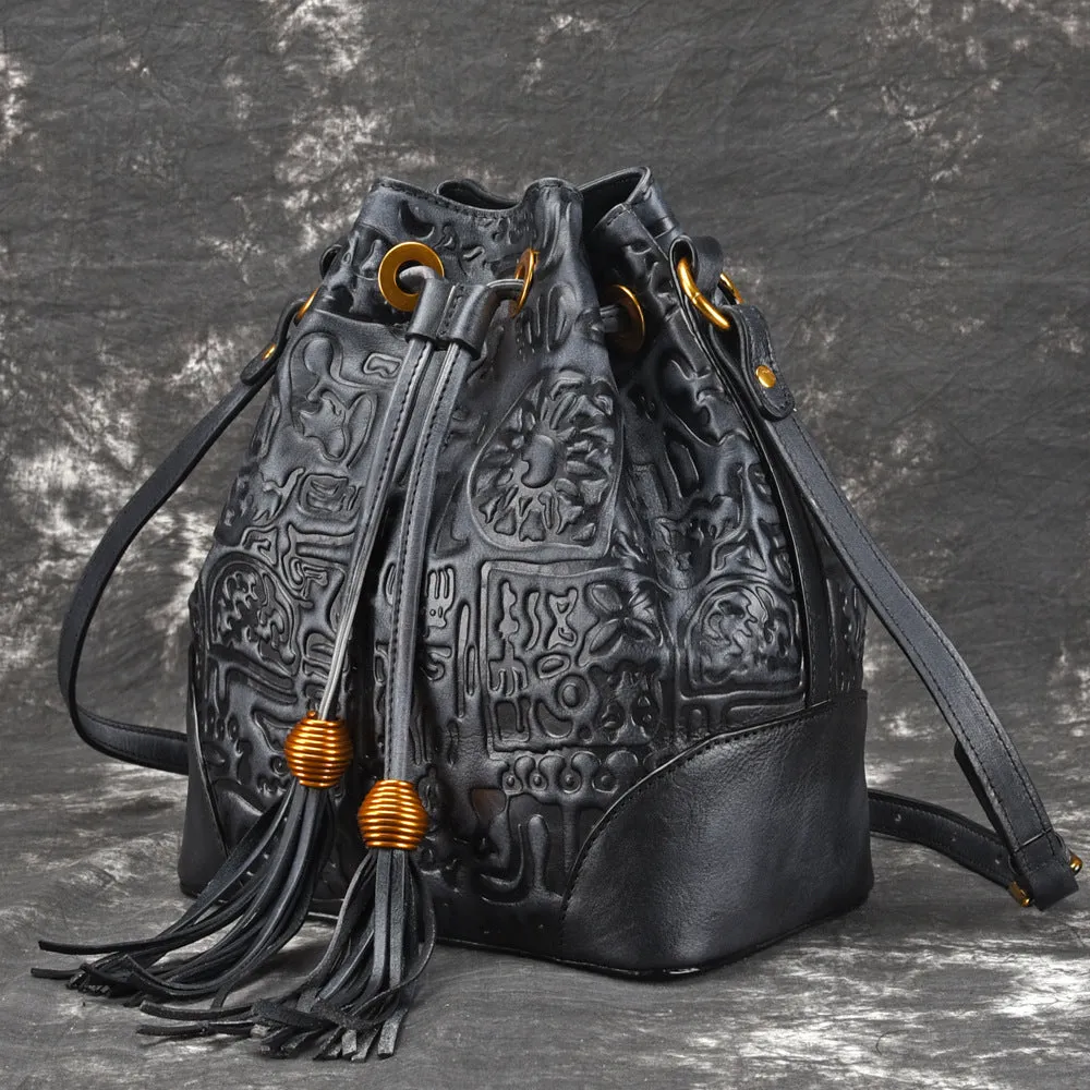 Womens Brown Leather Crossbody Bucket Bag Western Purse With Fringe for Women