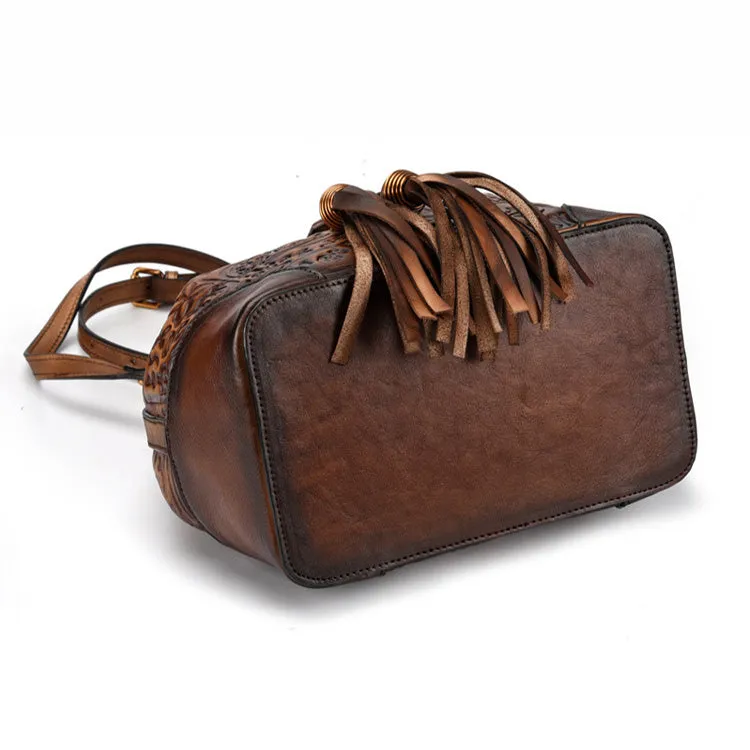 Womens Brown Leather Crossbody Bucket Bag Western Purse With Fringe for Women