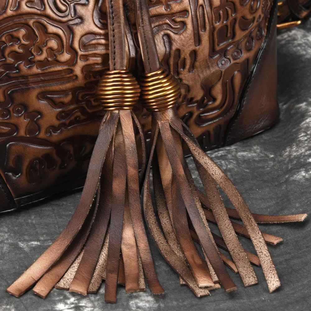 Womens Brown Leather Crossbody Bucket Bag Western Purse With Fringe for Women